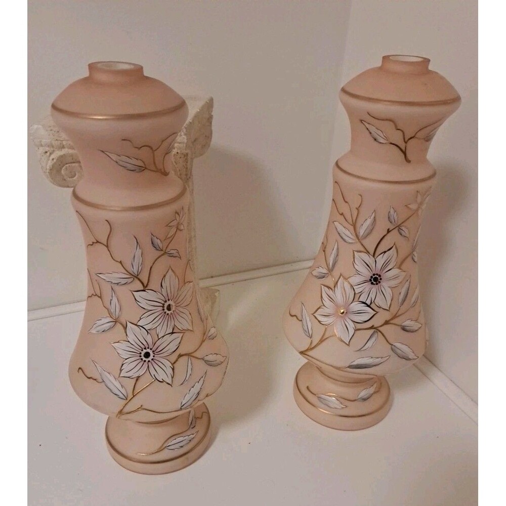 Vintage Set Of Two Pink Hand Painted With Flowers Milk Glass Table Lamp Base